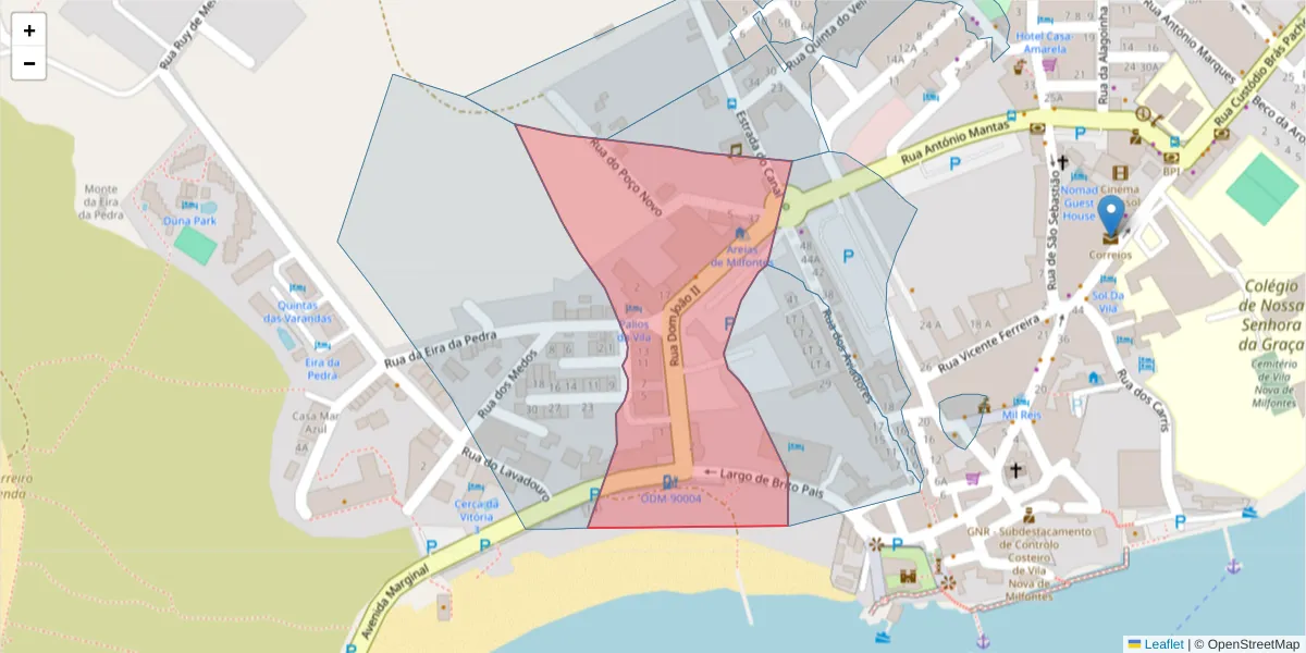 Mapa detalhado do código postal 7645-270 com limites, códigos postais vizinhos e agências dos correios