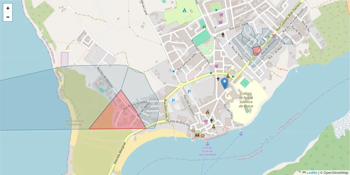 Mapa detalhado do código postal 7645-281 com limites, códigos postais vizinhos e agências dos correios