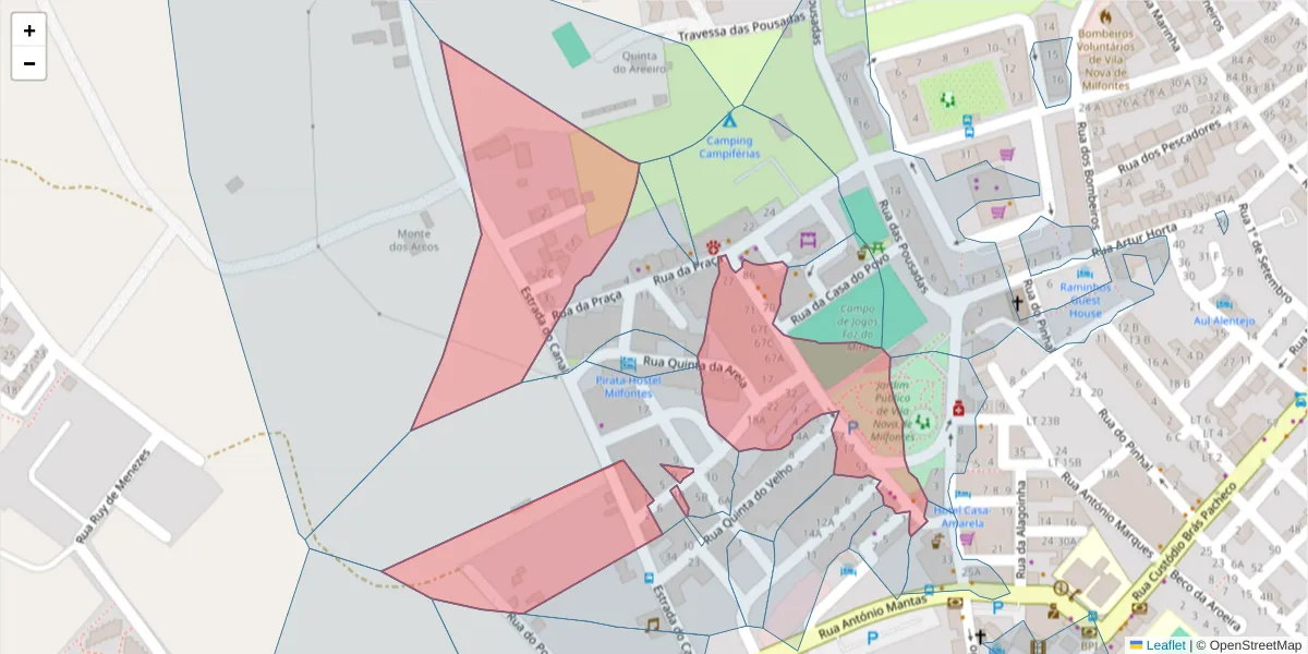 Mapa detalhado do código postal 7645-282 com limites, códigos postais vizinhos e agências dos correios