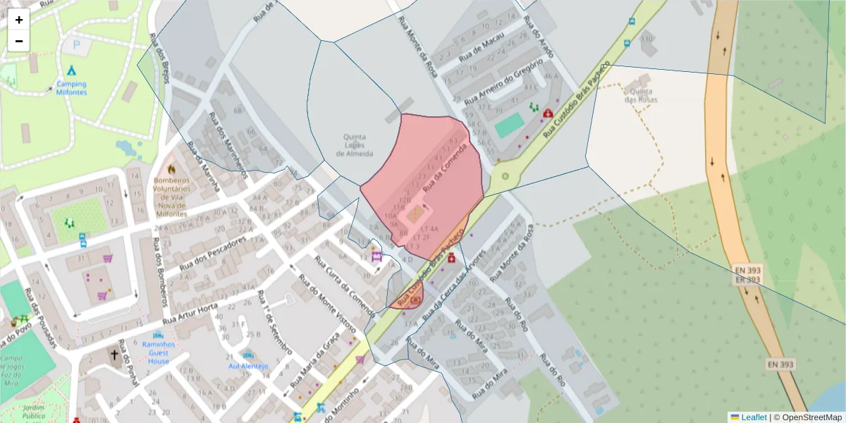 Mapa detalhado do código postal 7645-284 com limites, códigos postais vizinhos e agências dos correios