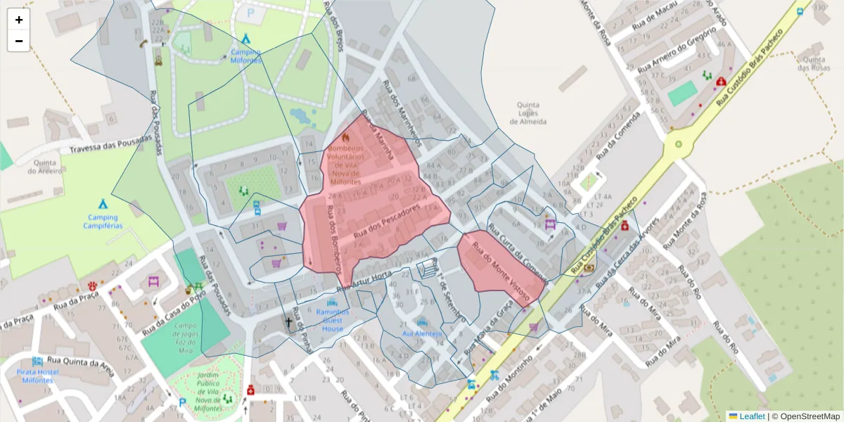Mapa detalhado do código postal 7645-285 com limites, códigos postais vizinhos e agências dos correios