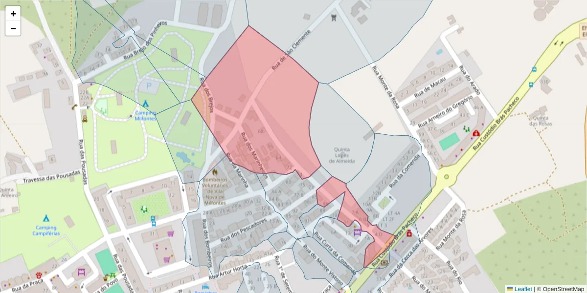 Mapa detalhado do código postal 7645-286 com limites, códigos postais vizinhos e agências dos correios