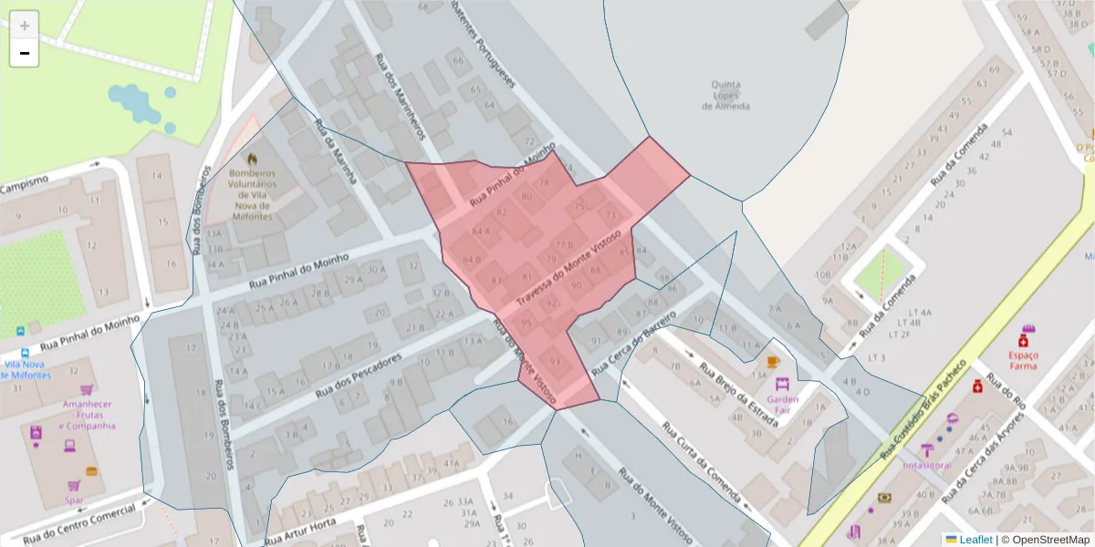 Mapa detalhado do código postal 7645-287 com limites, códigos postais vizinhos e agências dos correios
