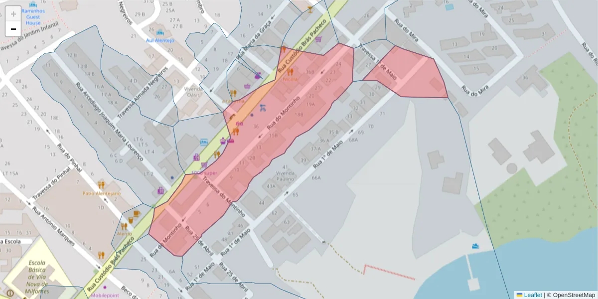 Mapa detalhado do código postal 7645-288 com limites, códigos postais vizinhos e agências dos correios