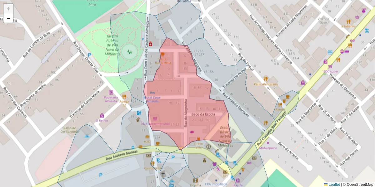 Mapa detalhado do código postal 7645-317 com limites, códigos postais vizinhos e agências dos correios