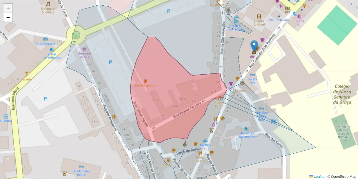 Mapa detalhado do código postal 7645-321 com limites, códigos postais vizinhos e agências dos correios