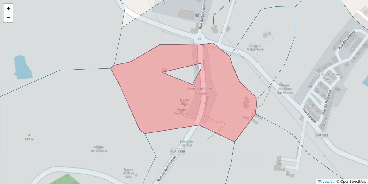 Mapa detalhado do código postal 7665-804 com limites, códigos postais vizinhos e agências dos correios