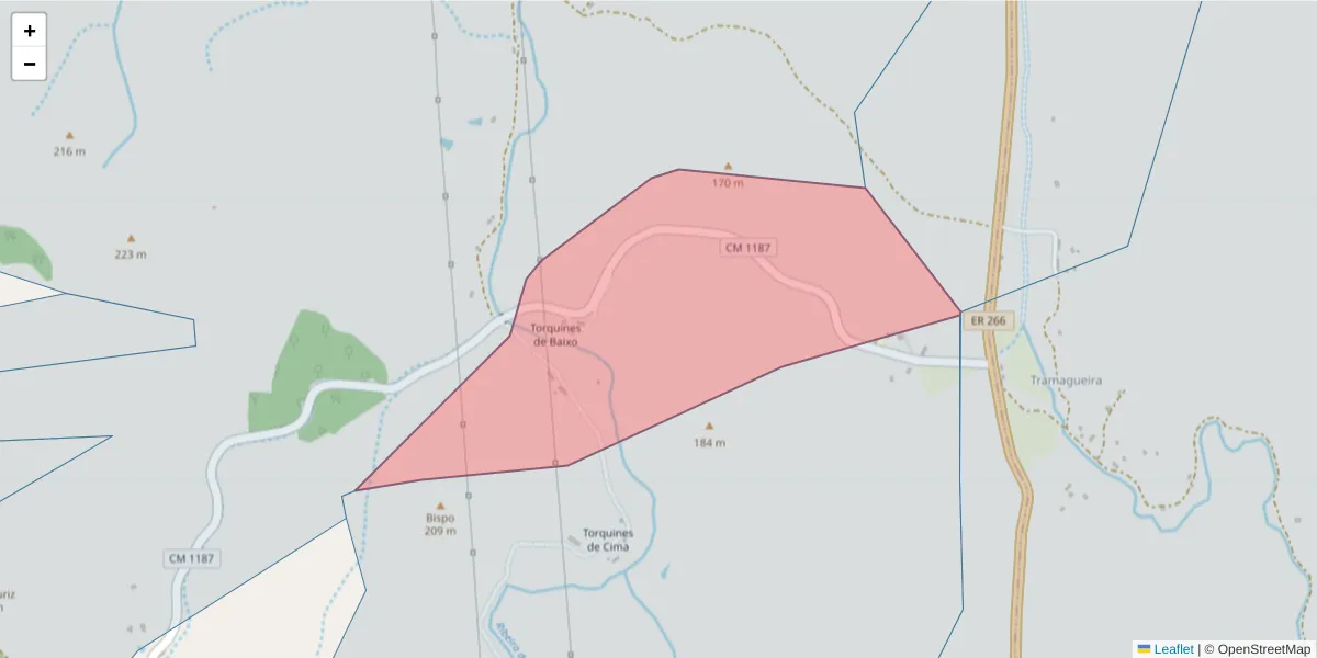 Mapa detalhado do código postal 7665-854 com limites, códigos postais vizinhos e agências dos correios