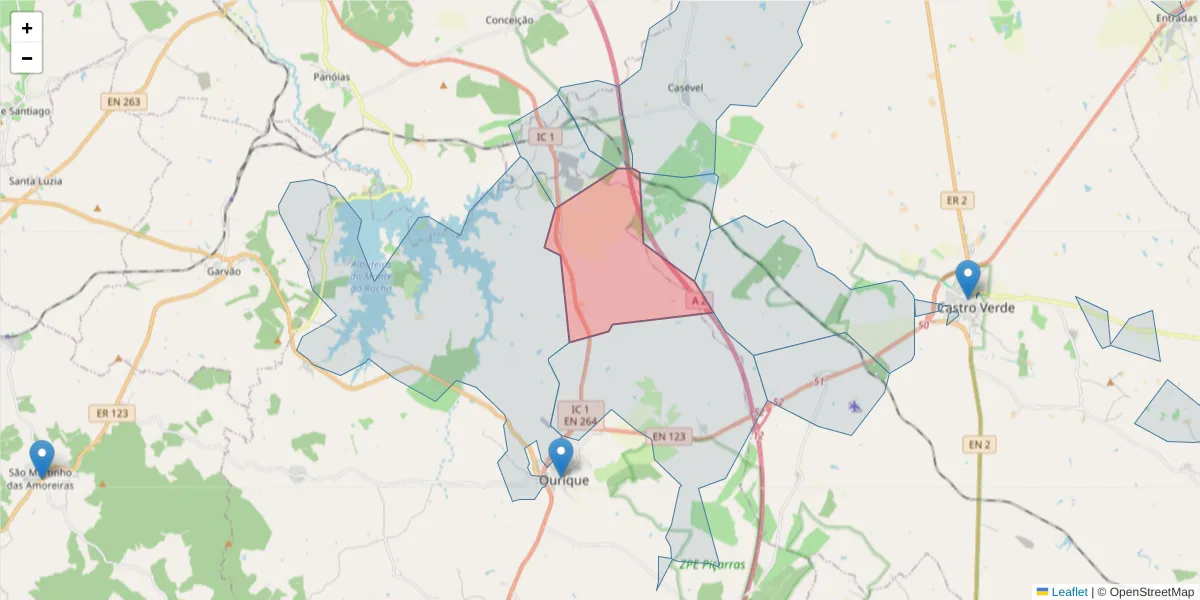 Mapa detalhado do código postal 7670-209 com limites, códigos postais vizinhos e agências dos correios
