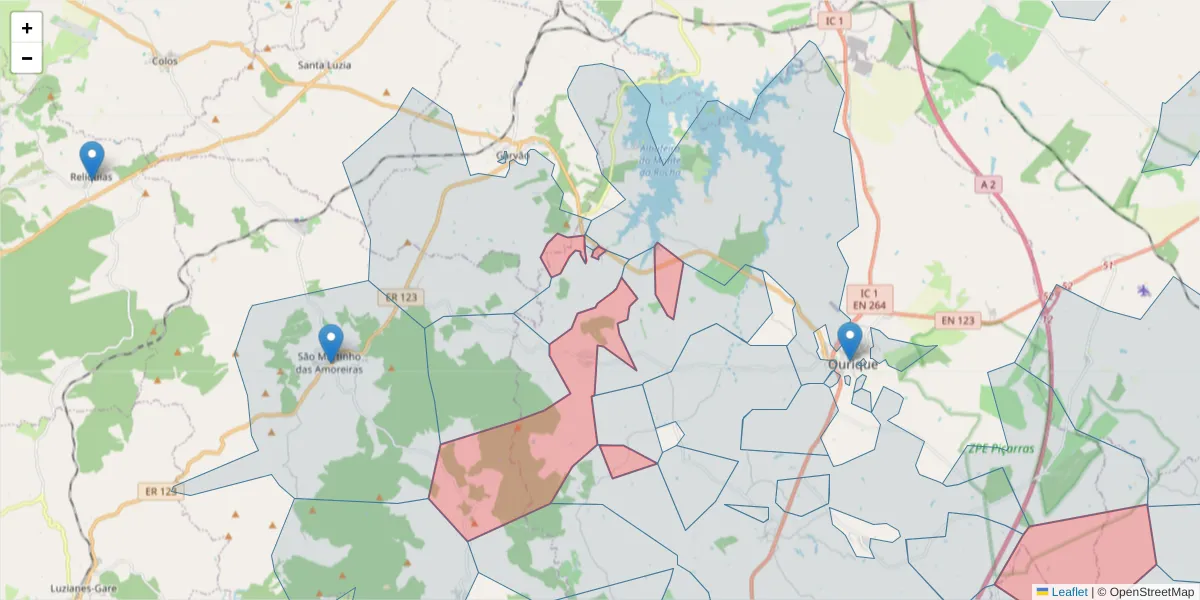 Mapa detalhado do código postal 7670-215 com limites, códigos postais vizinhos e agências dos correios