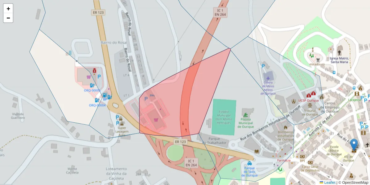 Mapa detalhado do código postal 7670-253 com limites, códigos postais vizinhos e agências dos correios