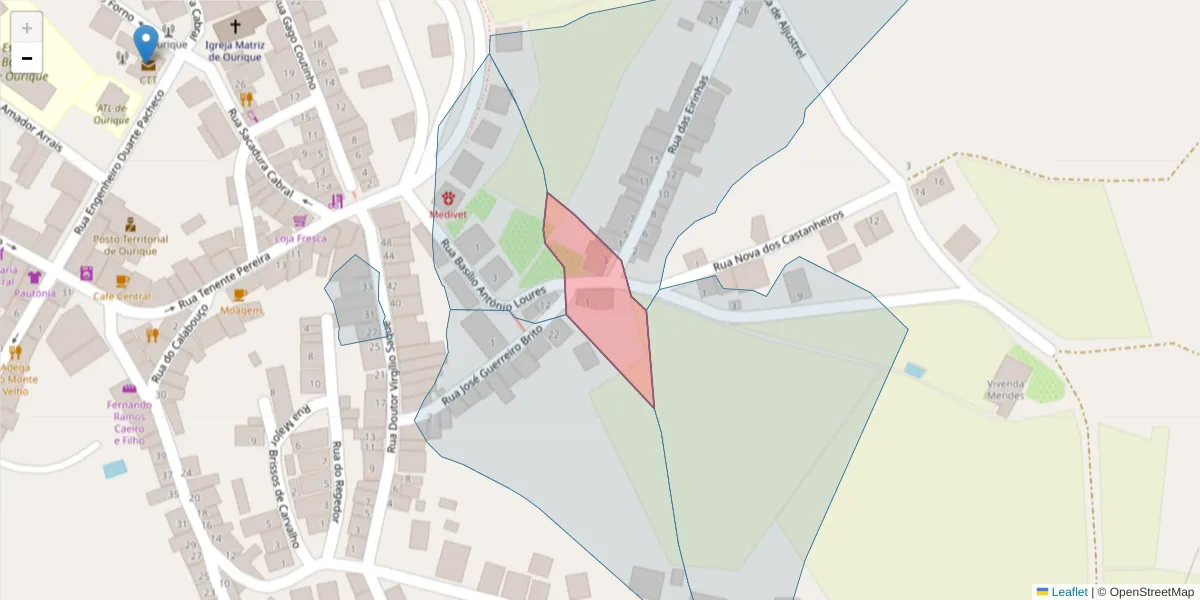 Mapa detalhado do código postal 7670-257 com limites, códigos postais vizinhos e agências dos correios