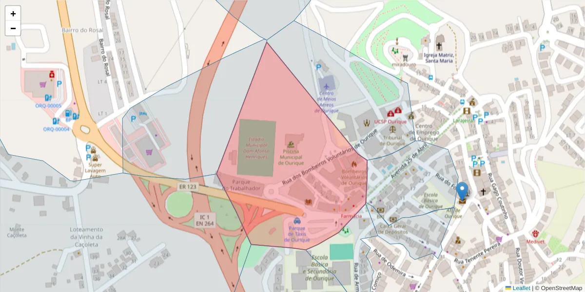 Mapa detalhado do código postal 7670-258 com limites, códigos postais vizinhos e agências dos correios