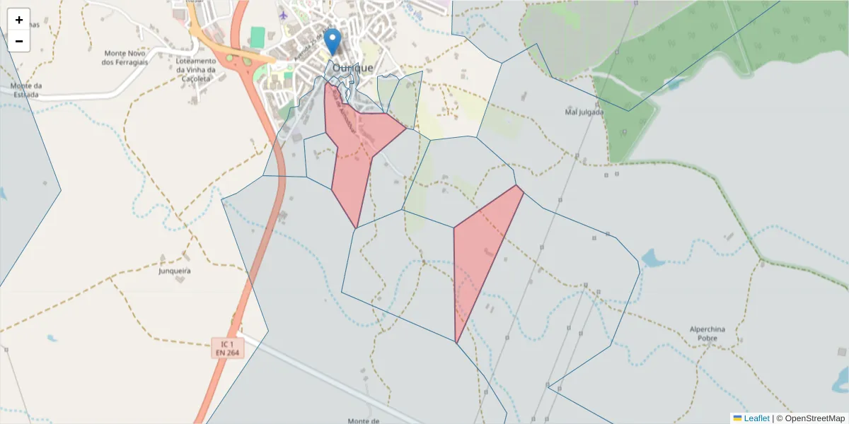 Mapa detalhado do código postal 7670-270 com limites, códigos postais vizinhos e agências dos correios