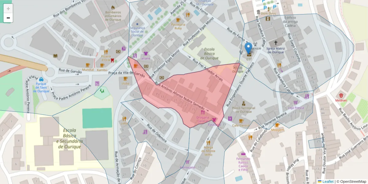 Mapa detalhado do código postal 7670-296 com limites, códigos postais vizinhos e agências dos correios