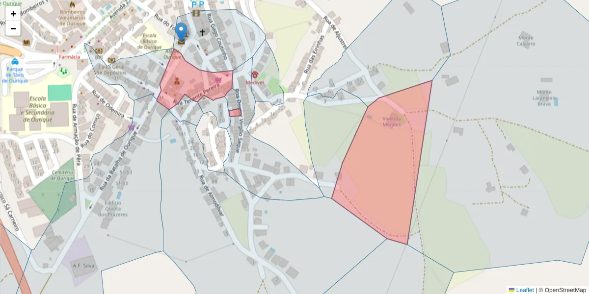 Mapa detalhado do código postal 7670-303 com limites, códigos postais vizinhos e agências dos correios