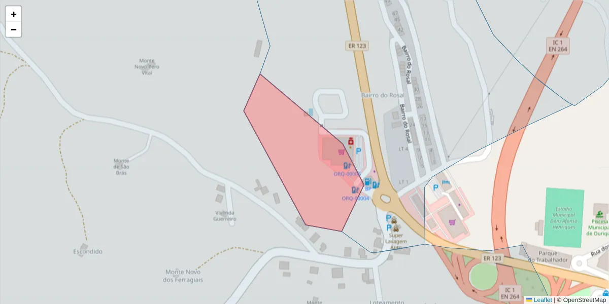 Mapa detalhado do código postal 7670-364 com limites, códigos postais vizinhos e agências dos correios