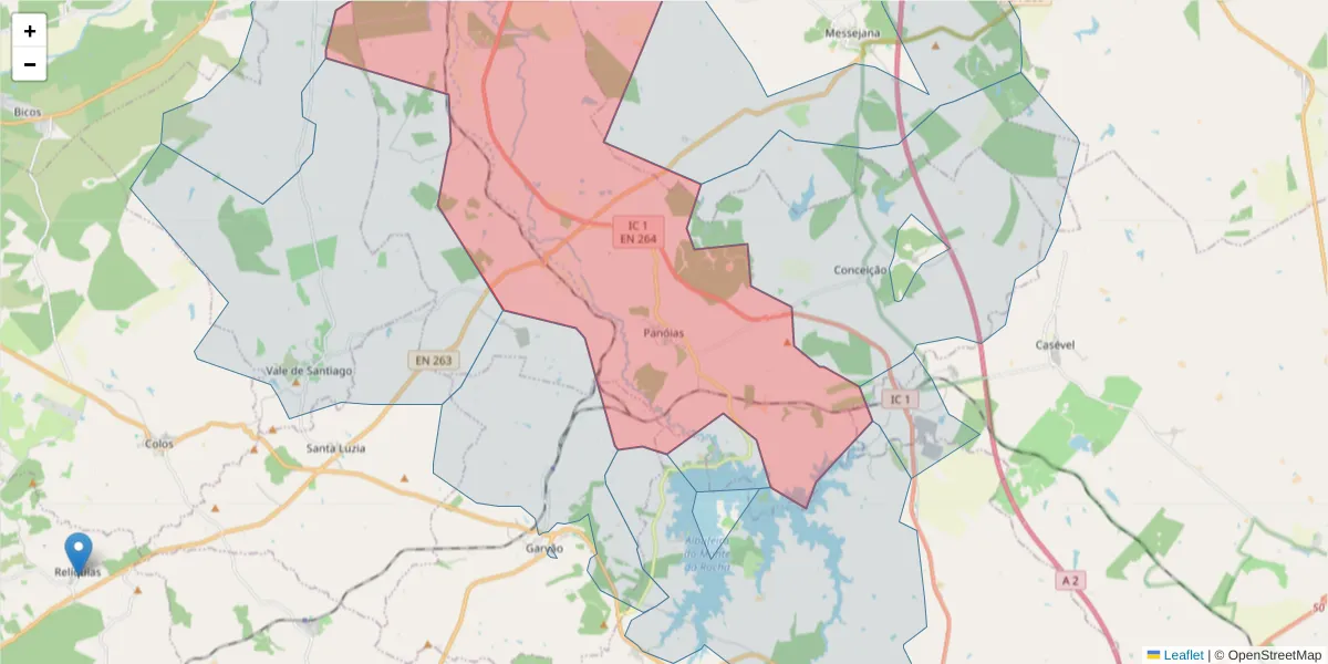 Mapa detalhado do código postal 7670-405 com limites, códigos postais vizinhos e agências dos correios