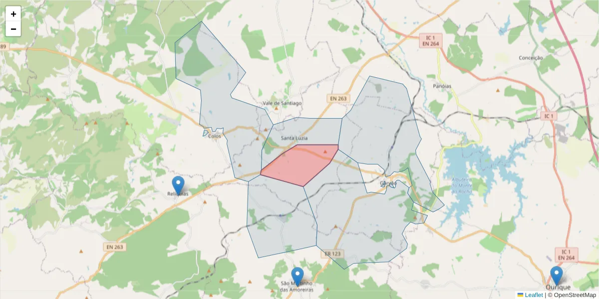 Mapa detalhado do código postal 7670-501 com limites, códigos postais vizinhos e agências dos correios