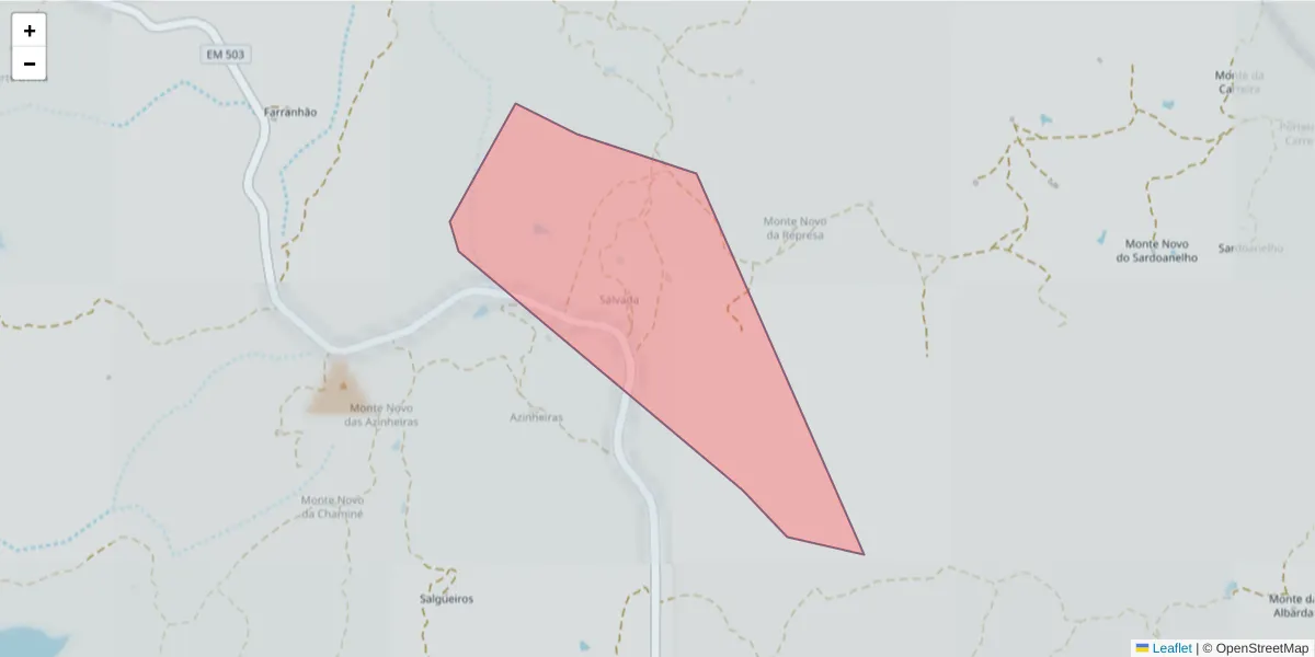 Mapa detalhado do código postal 7670-611 com limites, códigos postais vizinhos e agências dos correios