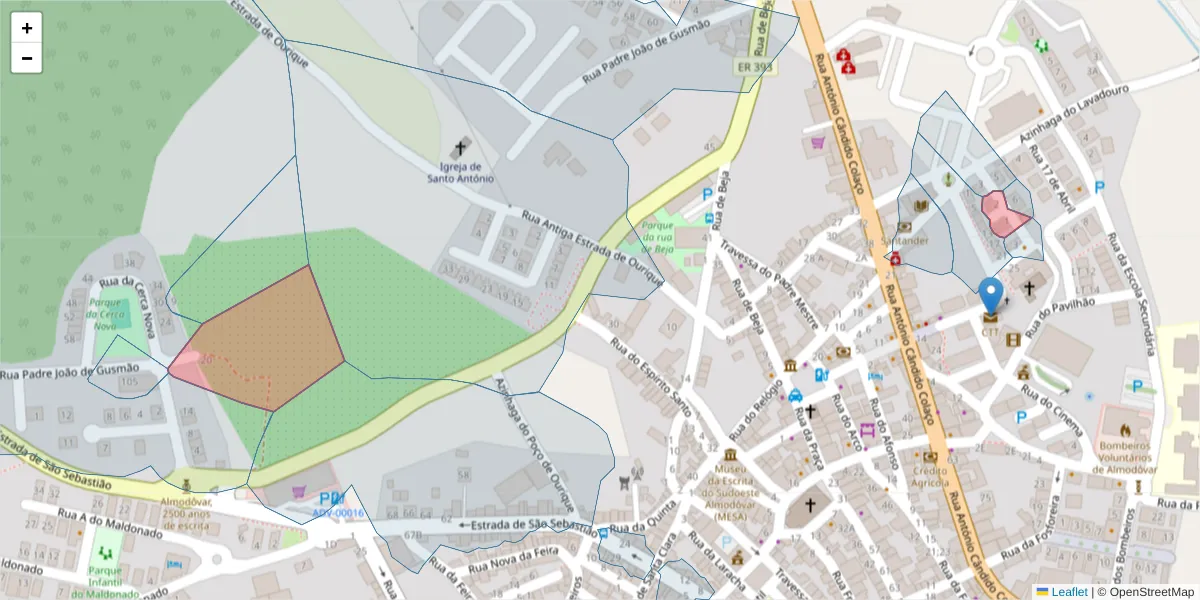 Mapa detalhado do código postal 7700-019 com limites, códigos postais vizinhos e agências dos correios