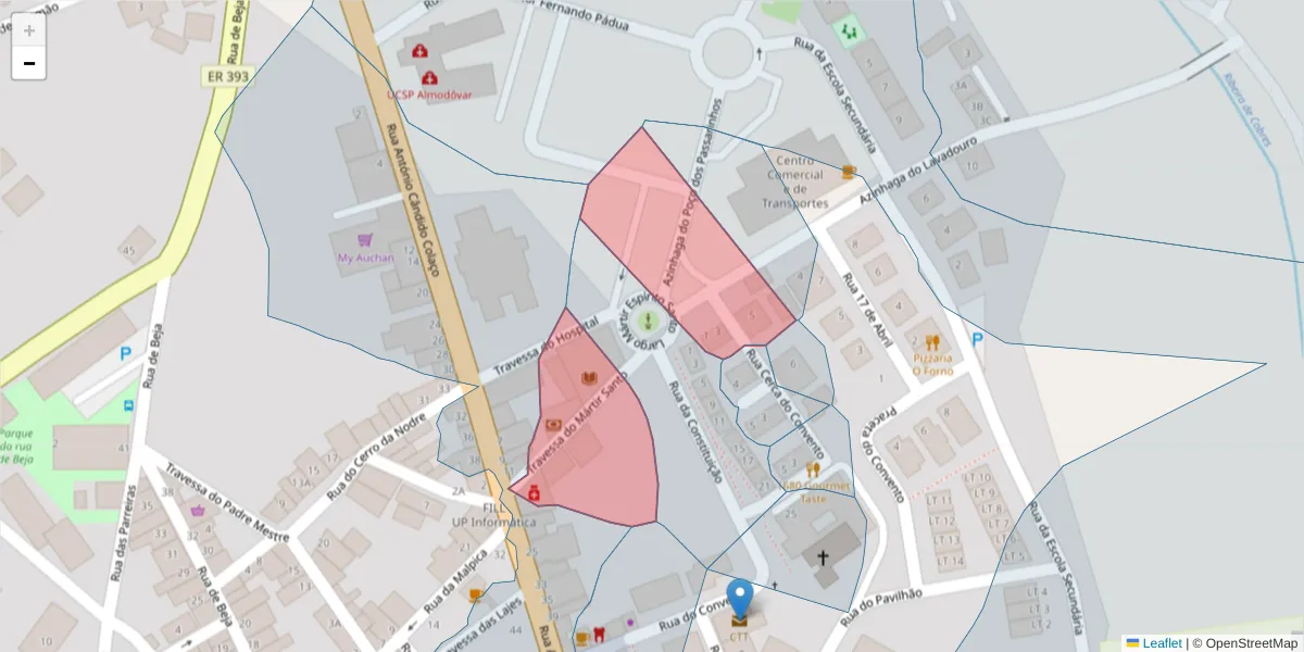 Mapa detalhado do código postal 7700-021 com limites, códigos postais vizinhos e agências dos correios