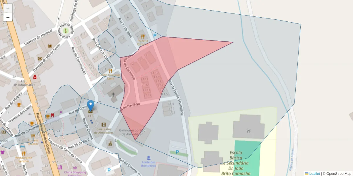 Mapa detalhado do código postal 7700-024 com limites, códigos postais vizinhos e agências dos correios