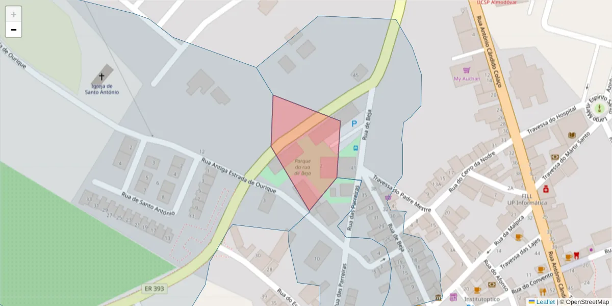 Mapa detalhado do código postal 7700-025 com limites, códigos postais vizinhos e agências dos correios