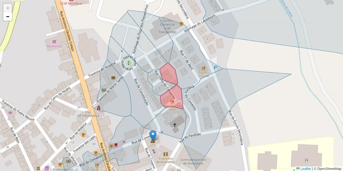 Mapa detalhado do código postal 7700-027 com limites, códigos postais vizinhos e agências dos correios