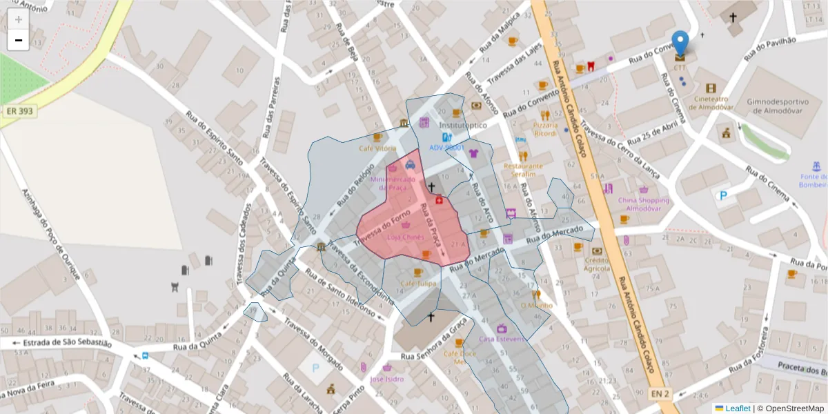 Mapa detalhado do código postal 7700-041 com limites, códigos postais vizinhos e agências dos correios