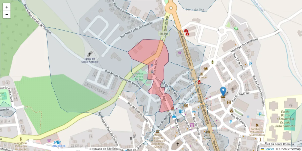 Mapa detalhado do código postal 7700-046 com limites, códigos postais vizinhos e agências dos correios