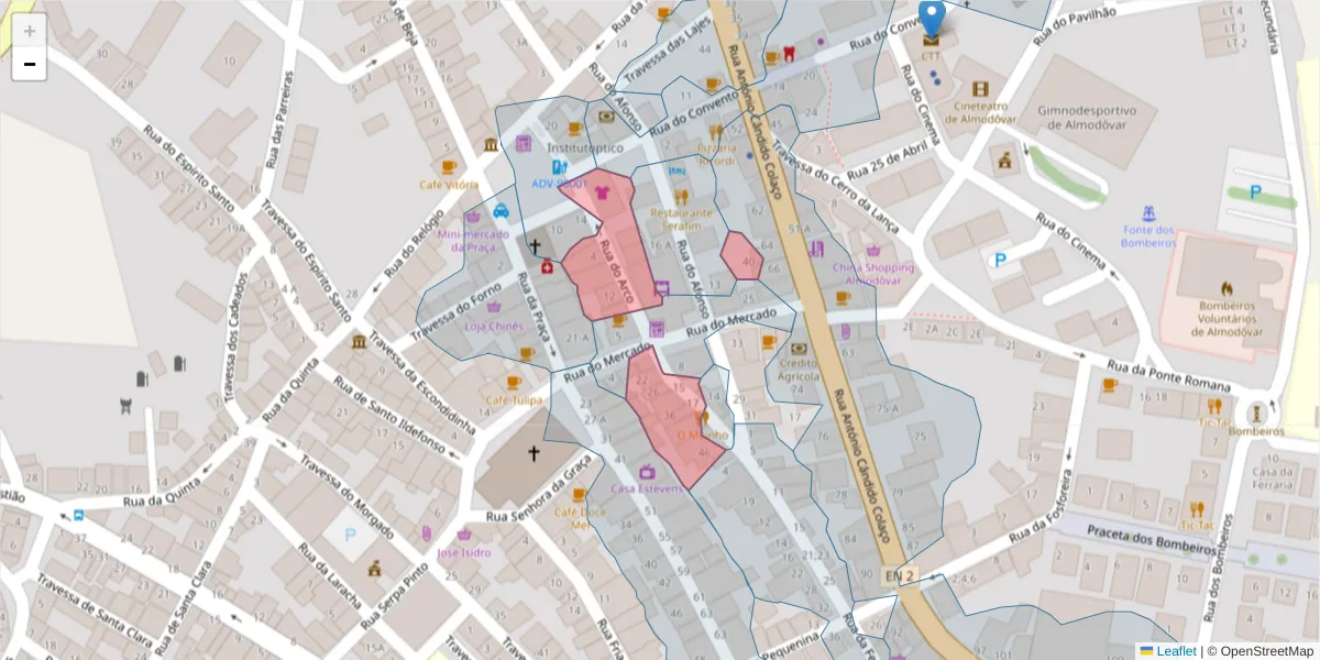 Mapa detalhado do código postal 7700-055 com limites, códigos postais vizinhos e agências dos correios