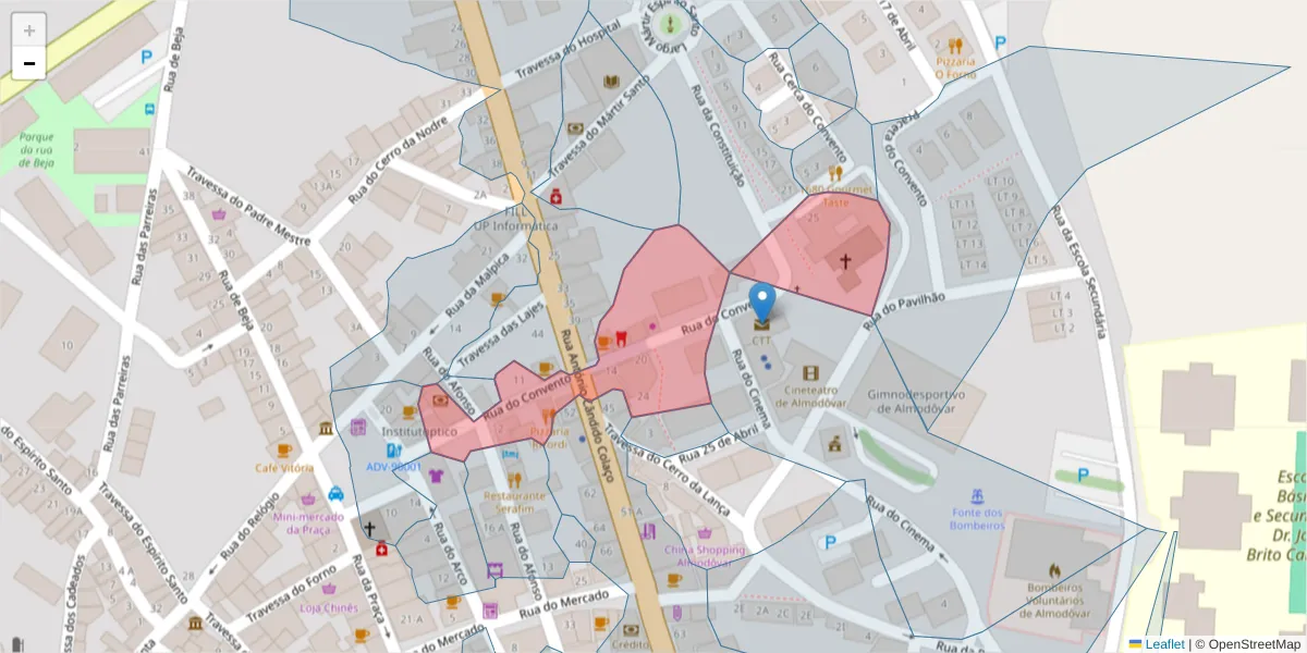 Mapa detalhado do código postal 7700-058 com limites, códigos postais vizinhos e agências dos correios
