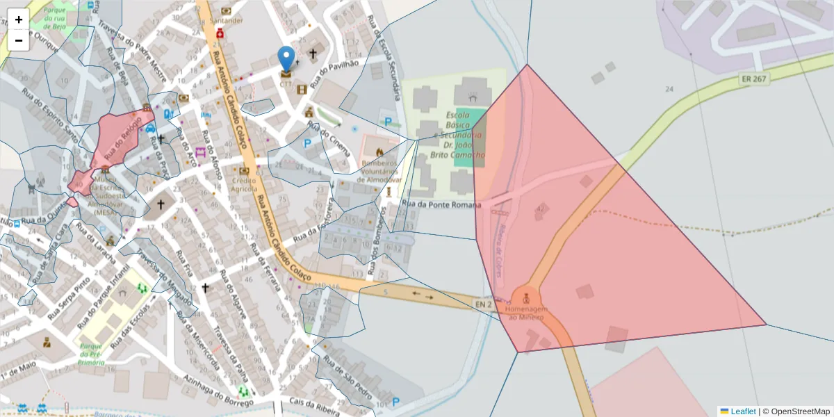Mapa detalhado do código postal 7700-065 com limites, códigos postais vizinhos e agências dos correios