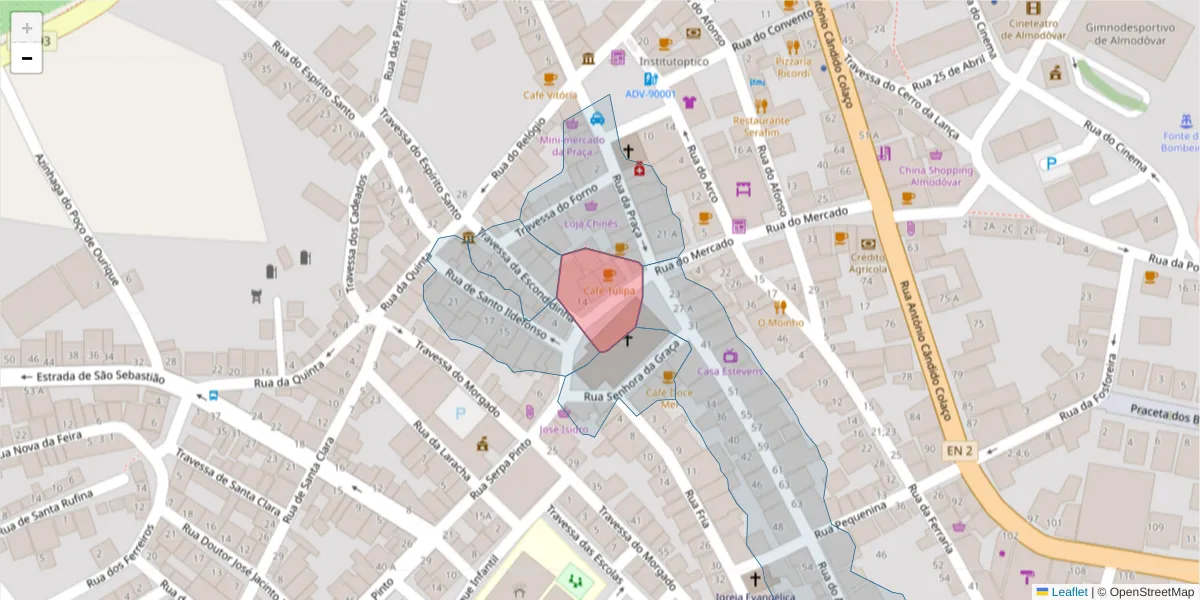 Mapa detalhado do código postal 7700-070 com limites, códigos postais vizinhos e agências dos correios