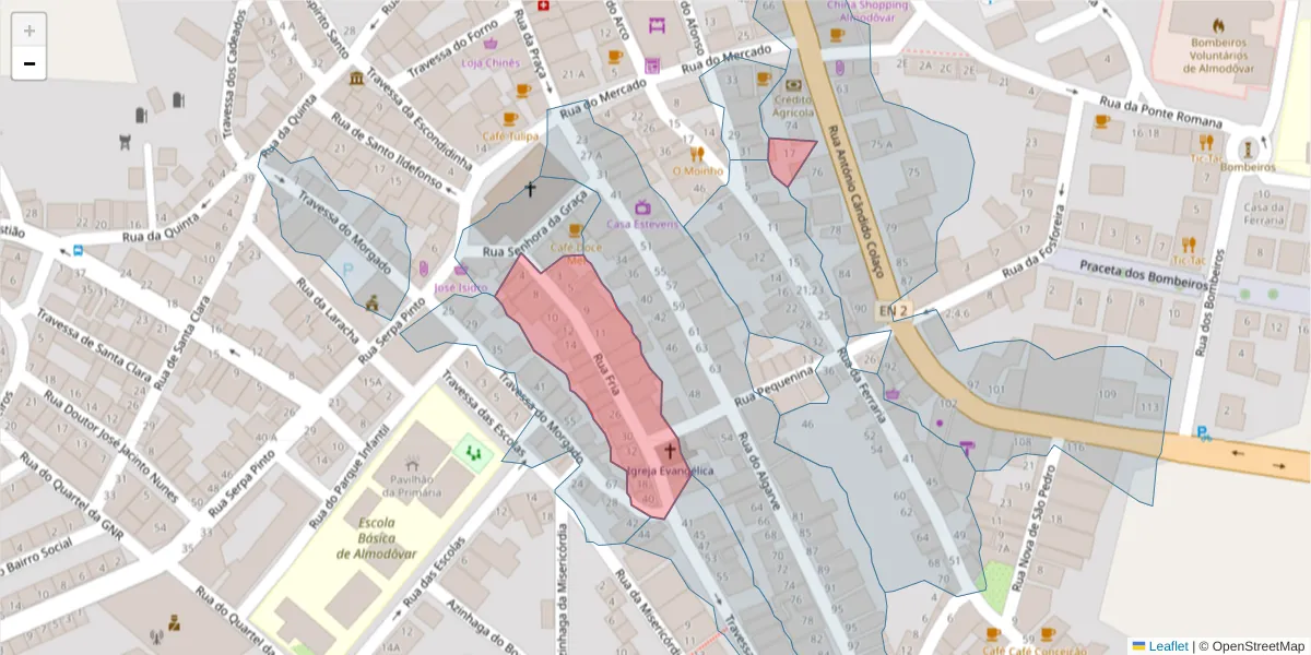 Mapa detalhado do código postal 7700-072 com limites, códigos postais vizinhos e agências dos correios