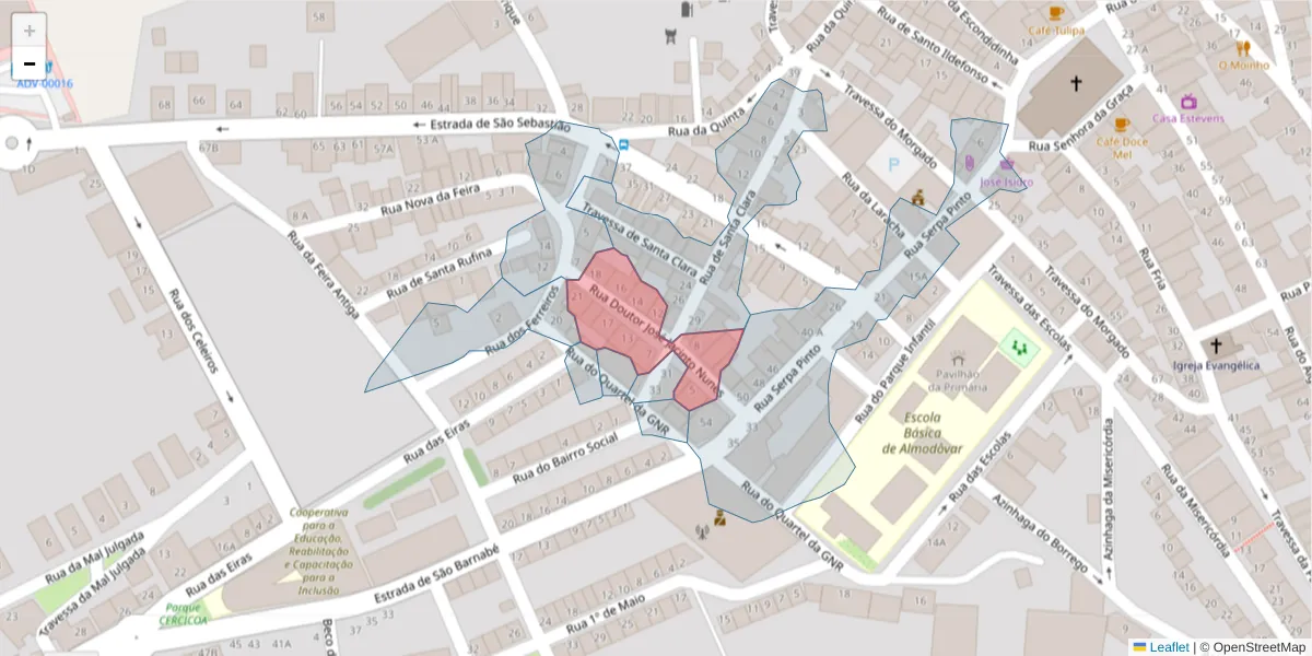 Mapa detalhado do código postal 7700-073 com limites, códigos postais vizinhos e agências dos correios