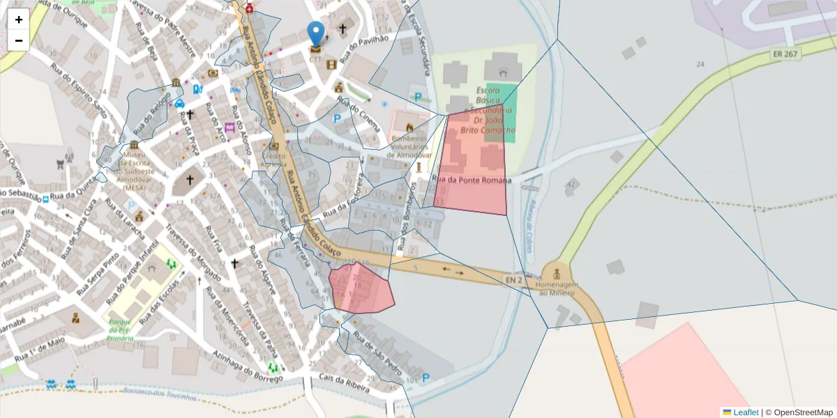 Mapa detalhado do código postal 7700-075 com limites, códigos postais vizinhos e agências dos correios