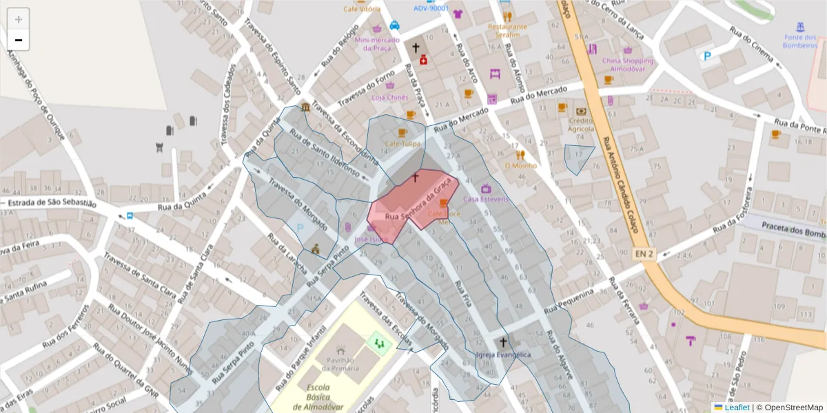 Mapa detalhado do código postal 7700-080 com limites, códigos postais vizinhos e agências dos correios