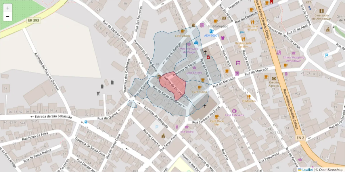 Mapa detalhado do código postal 7700-085 com limites, códigos postais vizinhos e agências dos correios