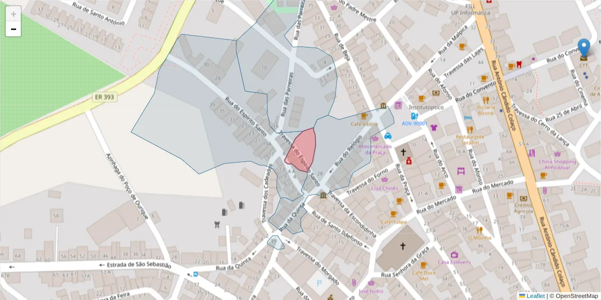 Mapa detalhado do código postal 7700-088 com limites, códigos postais vizinhos e agências dos correios