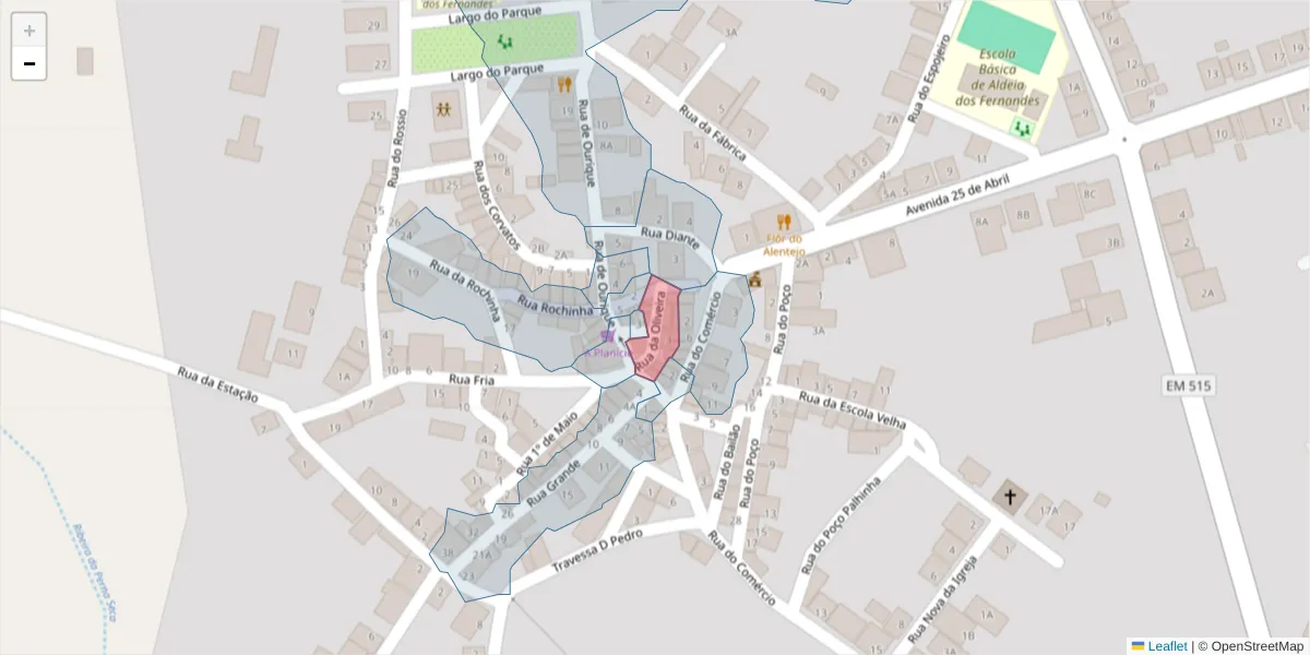 Mapa detalhado do código postal 7700-305 com limites, códigos postais vizinhos e agências dos correios