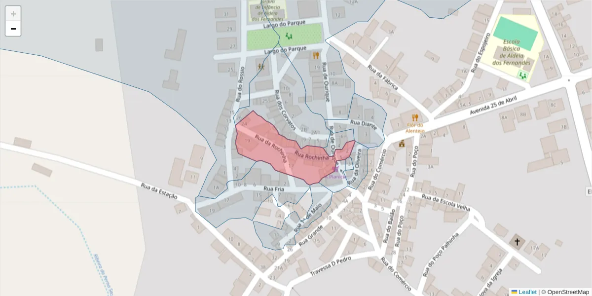 Mapa detalhado do código postal 7700-320 com limites, códigos postais vizinhos e agências dos correios