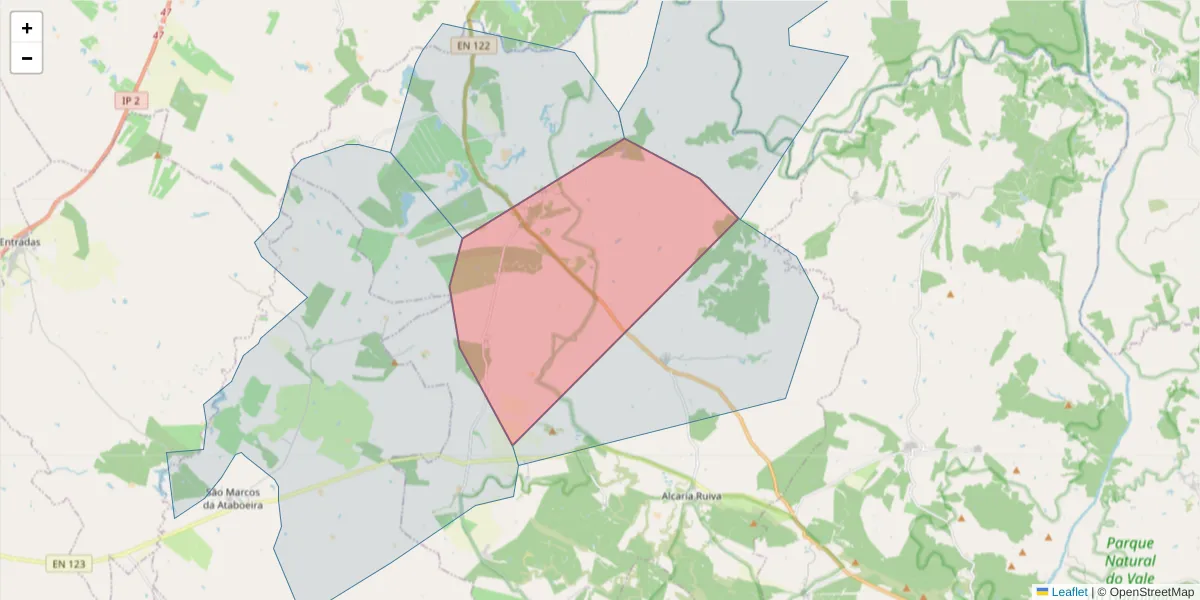 Mapa detalhado do código postal 7750-020 com limites, códigos postais vizinhos e agências dos correios