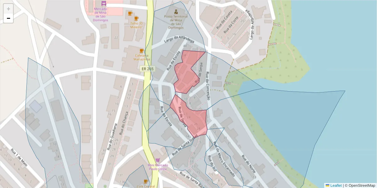 Mapa detalhado do código postal 7750-152 com limites, códigos postais vizinhos e agências dos correios