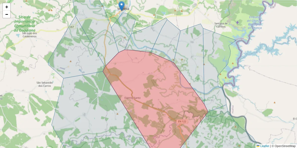 Mapa detalhado do código postal 7750-222 com limites, códigos postais vizinhos e agências dos correios