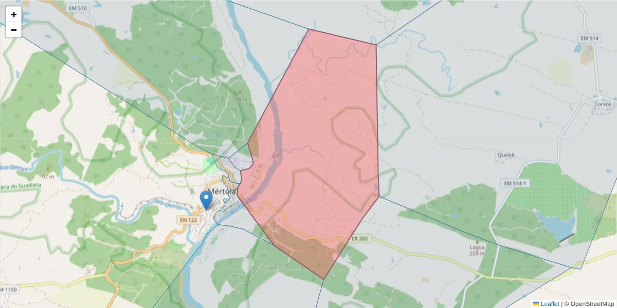 Mapa detalhado do código postal 7750-295 com limites, códigos postais vizinhos e agências dos correios