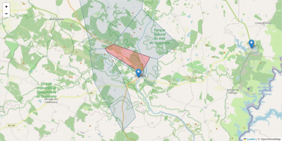 Mapa detalhado do código postal 7750-299 com limites, códigos postais vizinhos e agências dos correios