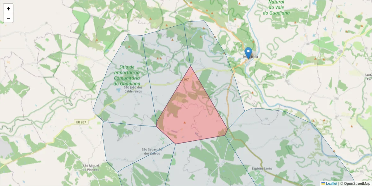 Mapa detalhado do código postal 7750-303 com limites, códigos postais vizinhos e agências dos correios