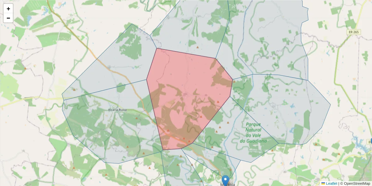 Mapa detalhado do código postal 7750-308 com limites, códigos postais vizinhos e agências dos correios